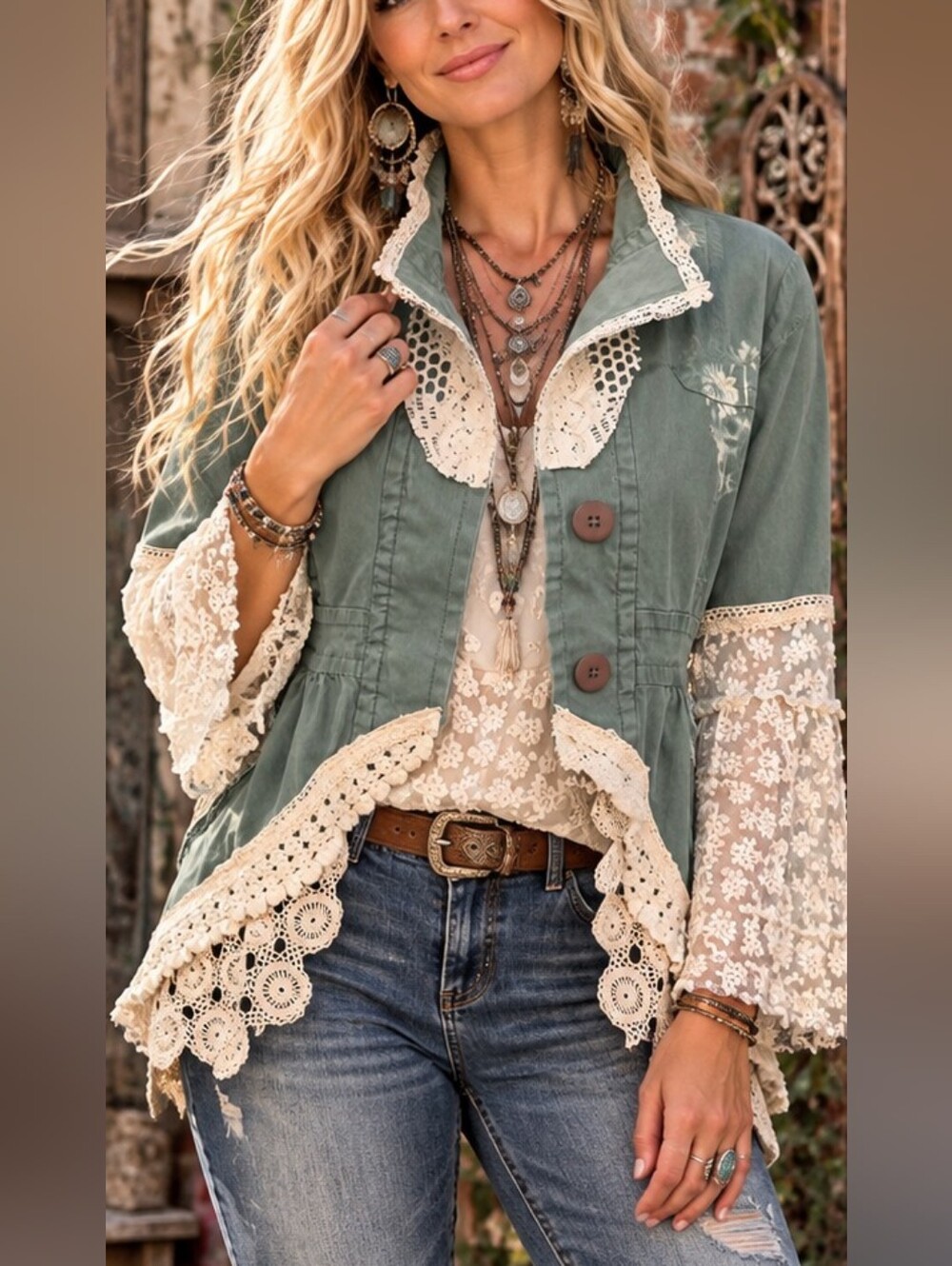Upcycled Camo/Teal Green Utility Lace Bell Sleeve Jacket